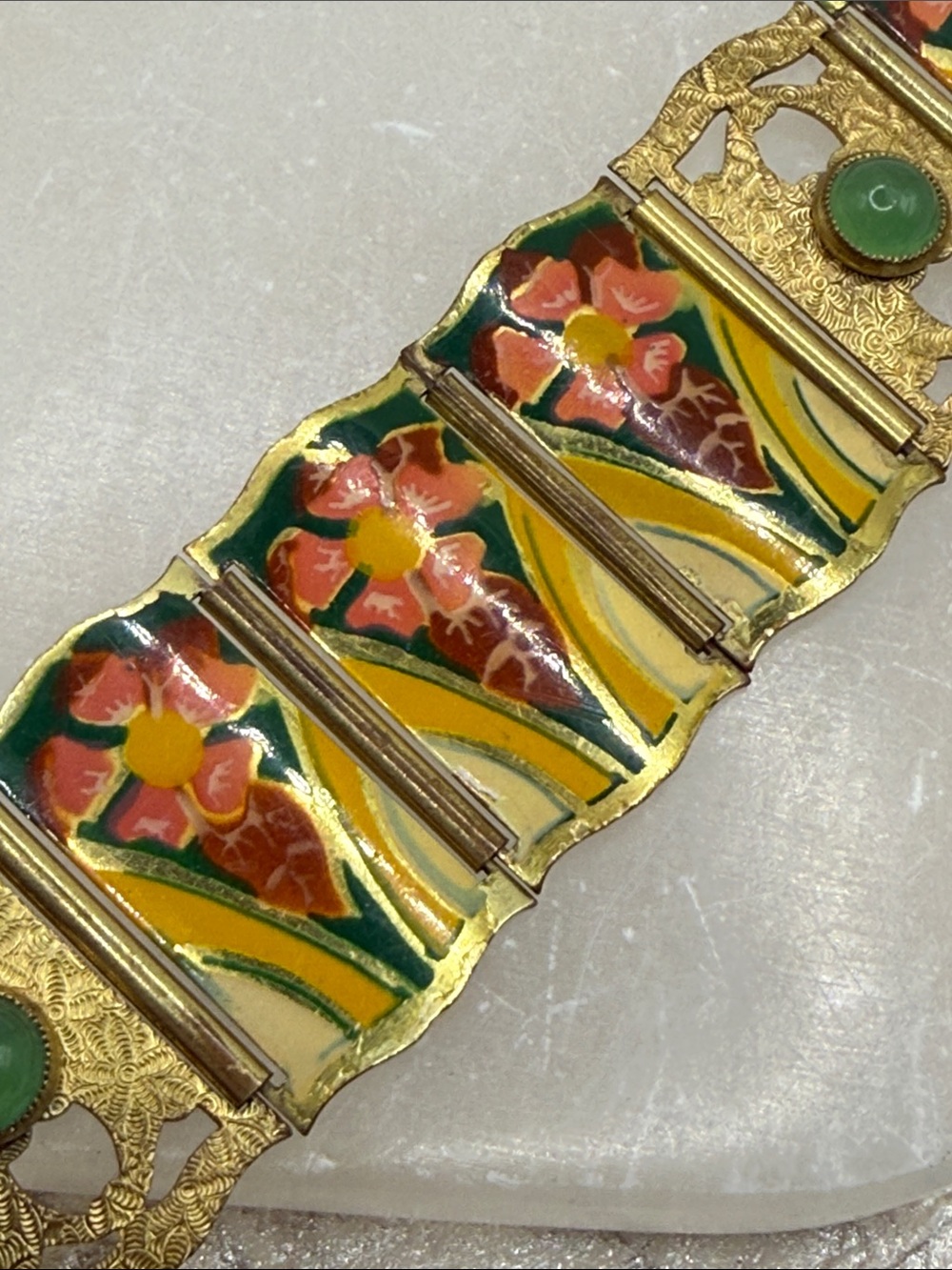 Rare antique colorful floral panel open work HFB rare stamped bracelet art deco